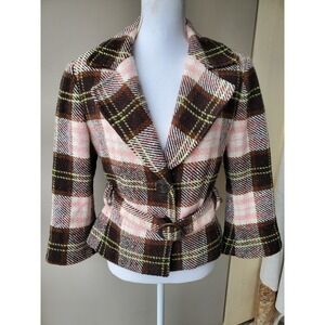 Cabi Plaid Wool Blend Blazer Womens 8 Brown Pink Belted Academia Heritage Jacket